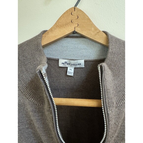 Peter Millar Crown Soft Nappa Trim Mens XL Merino Wool Silk 1/4 Zip Brown Rye - Picture 3 of 10